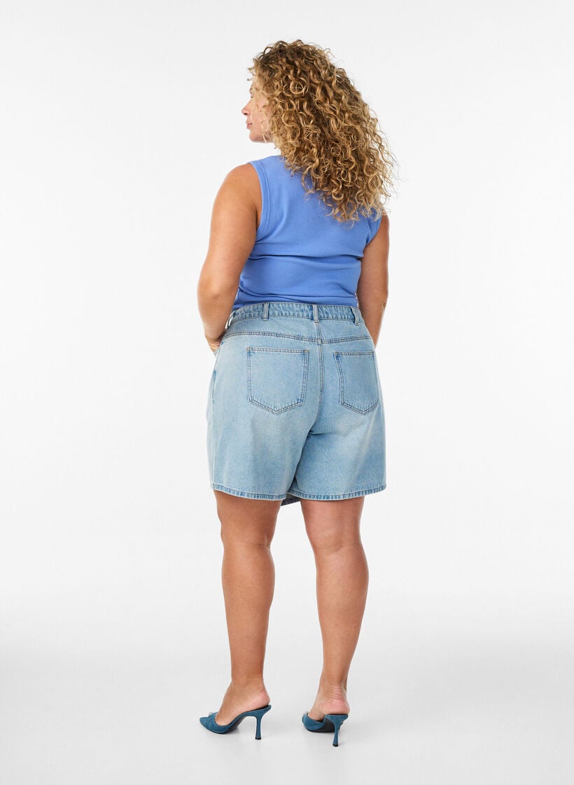 Denimskort mit Wickeloptik und hoher Taille, Blau, Model image number 2
