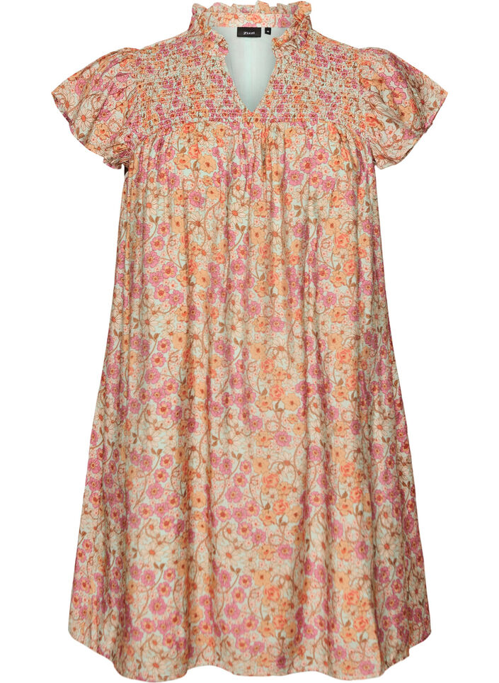 Kurzes Kleid aus Viskose mit Smock und Blumenprint, Orange, Packshot image number 0