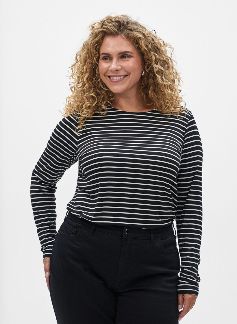 Gestreifte Langarmbluse, Schwarz, Model image number 0