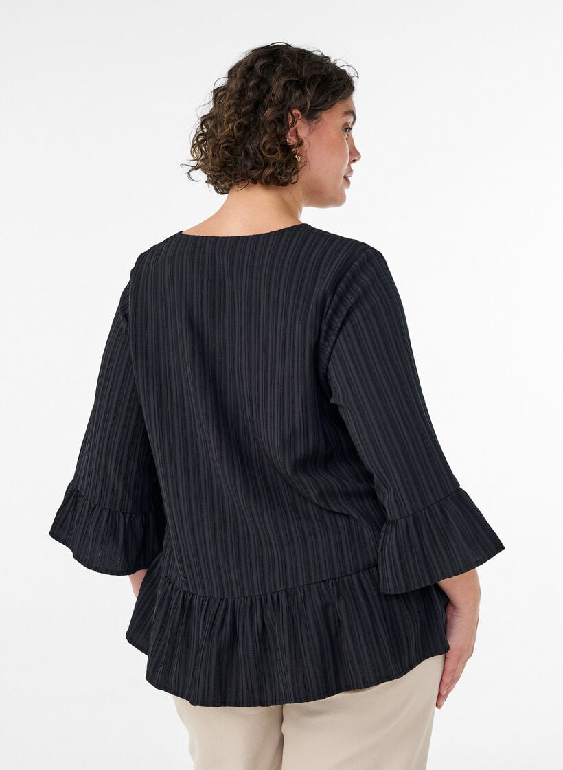 Bluse mit Struktur, V-Ausschnitt und R&uuml;schen, Schwarz, Model image number 2