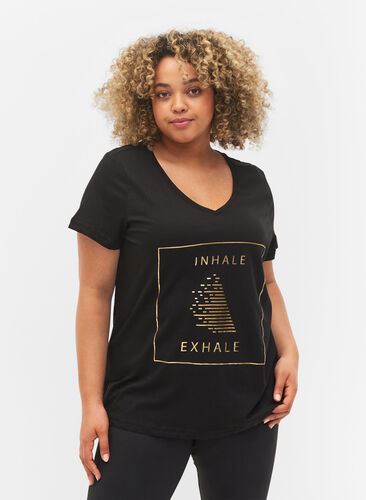 Sport-T-Shirt aus Baumwolle mit Aufdruck, Black w. inhale logo, Model image number 0