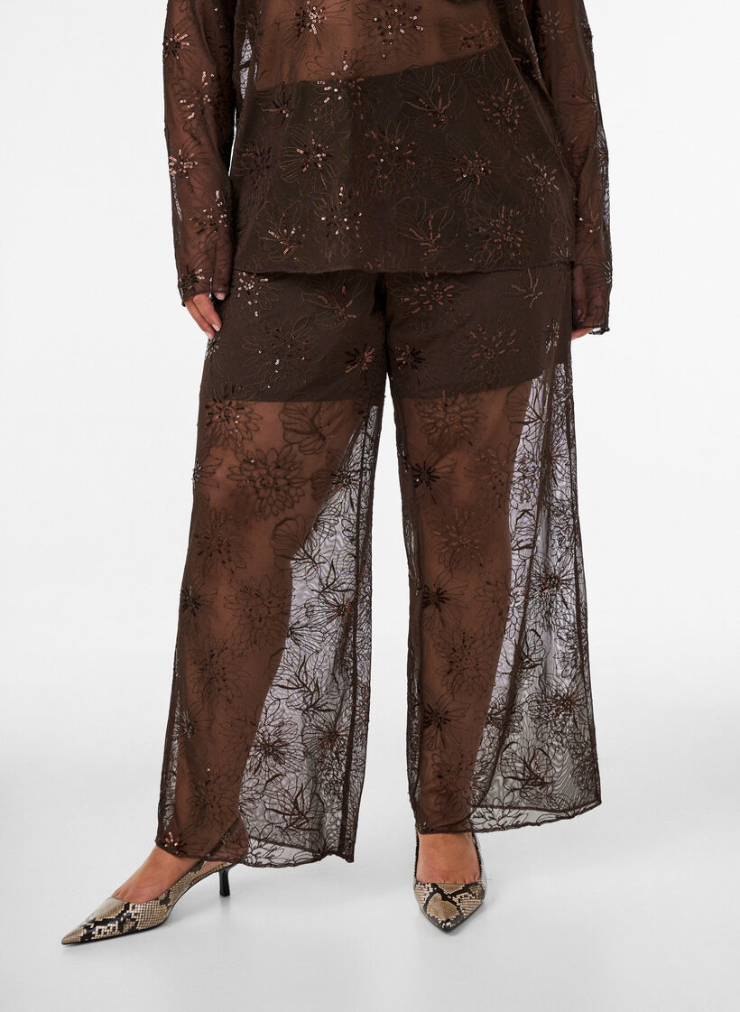 Hose aus Mesh mit floraler Stickerei und Pailletten, Braun, Model image number 2