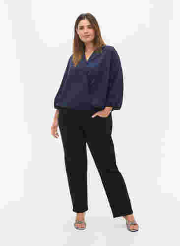 Bluse mit Wickel-Look, V-Ausschnitt und 3/4-Ärmel, Navy Blazer, Model image number 2