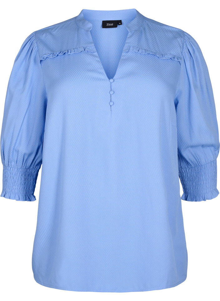  Viskosebluse mit Smok- und Rüschendetail, Cornflower Blue, Packshot image number 0