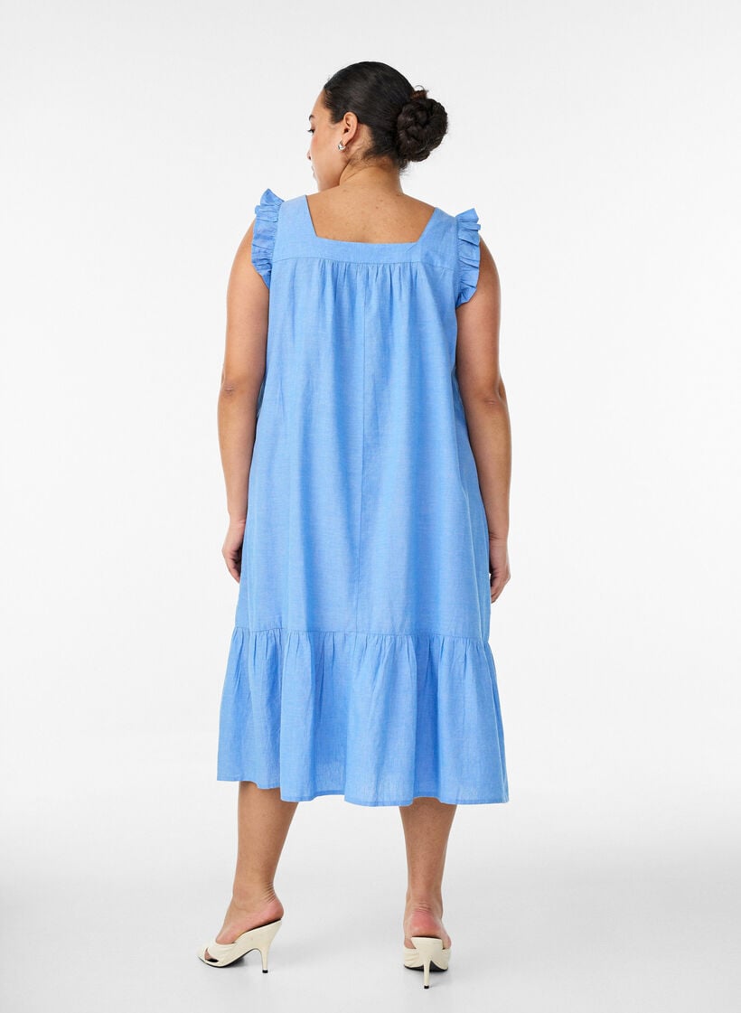 Midikleid aus Baumwolle mit R&uuml;schendetails, Blau, Model image number 1