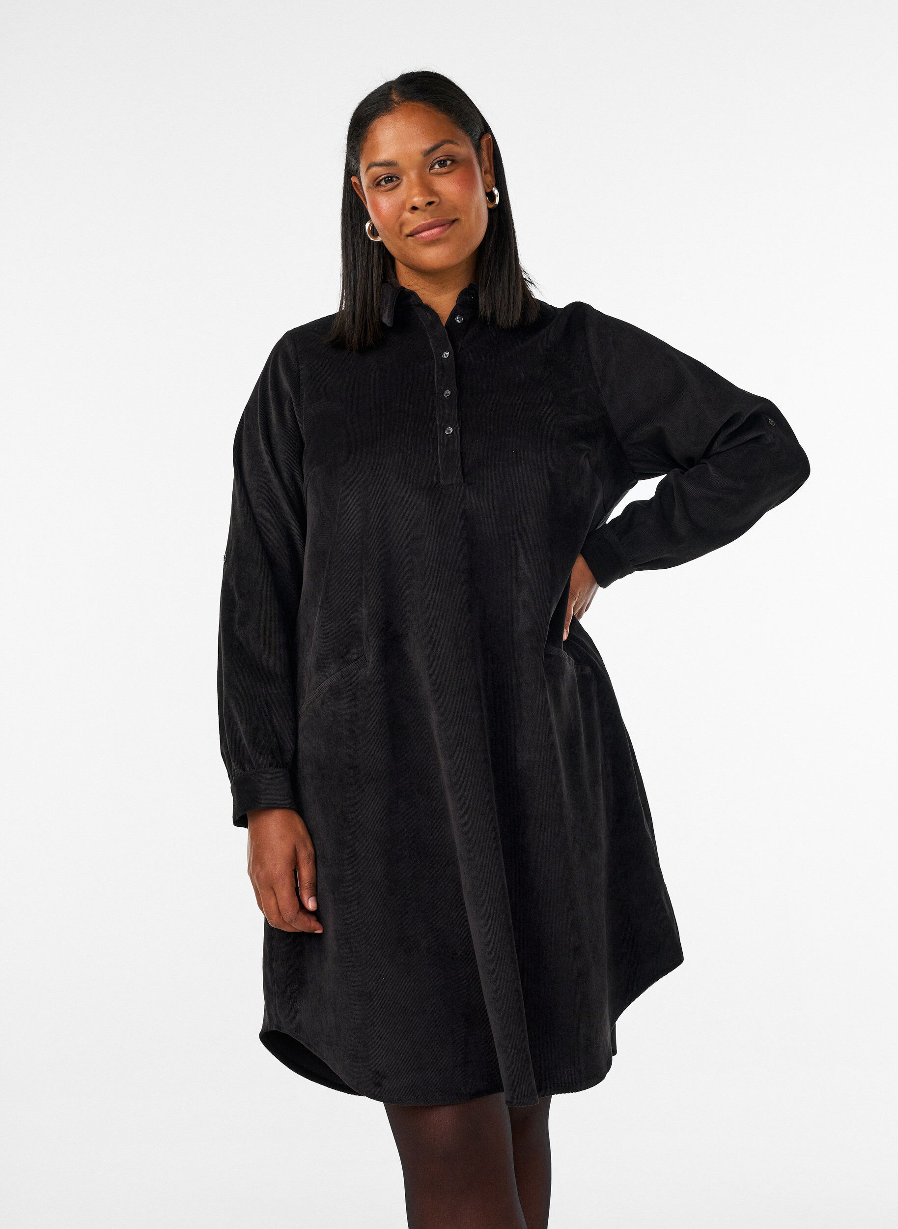 ZizziHemdblusenkleid aus Cord mit Kragen und Knopfleiste, Schwarz, Model image number 0