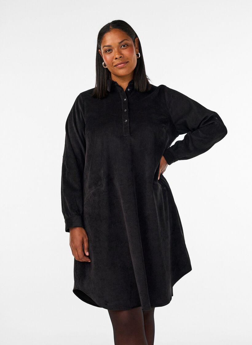 Hemdblusenkleid aus Cord mit Kragen und Knopfleiste, Schwarz, Model image number 0