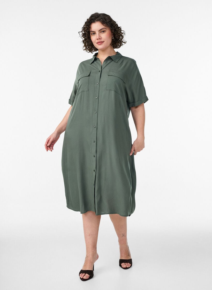 Langes Hemdkleid mit kurzen &Auml;rmeln, Gr&uuml;n, Model image number 0