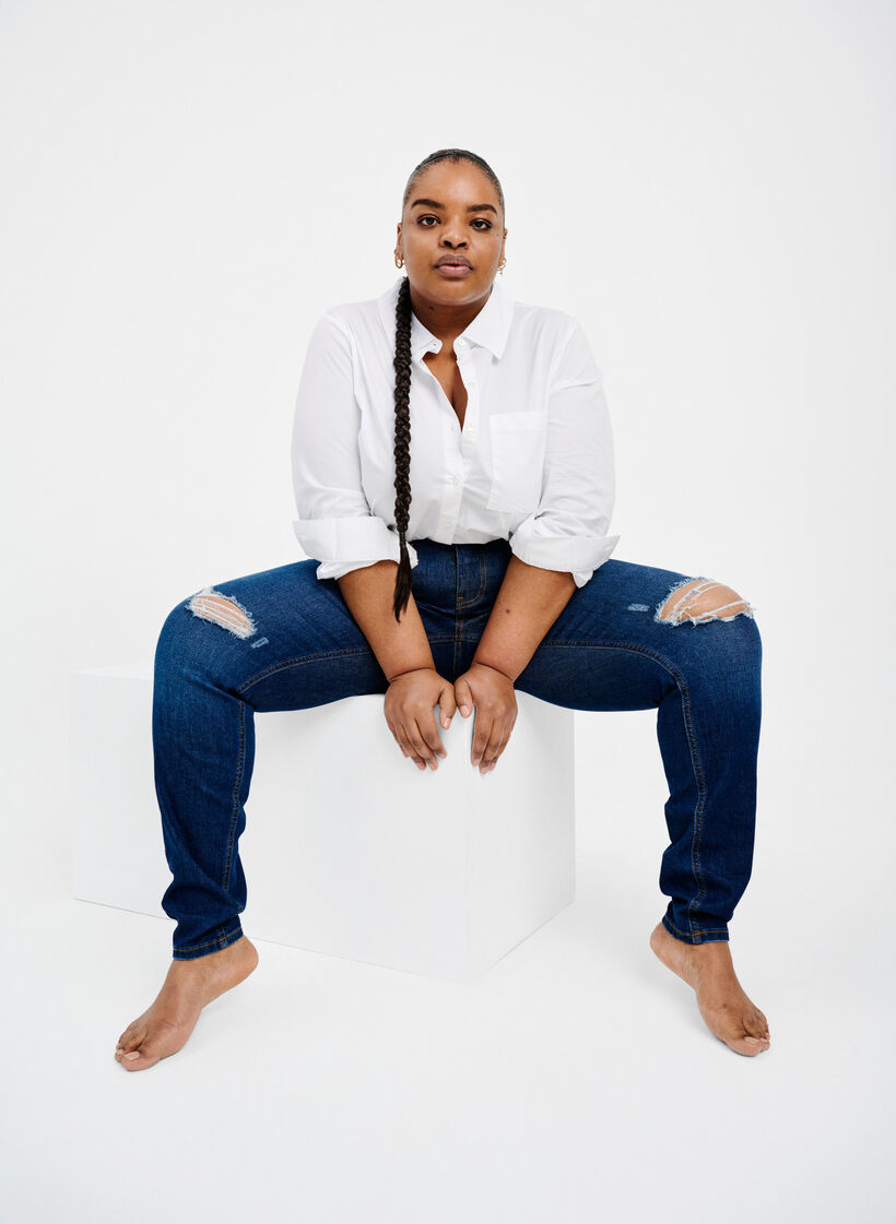 Super schlanke Amy Jeans mit Zerstörung und hoher Taille, Dark blue, Image image number 1