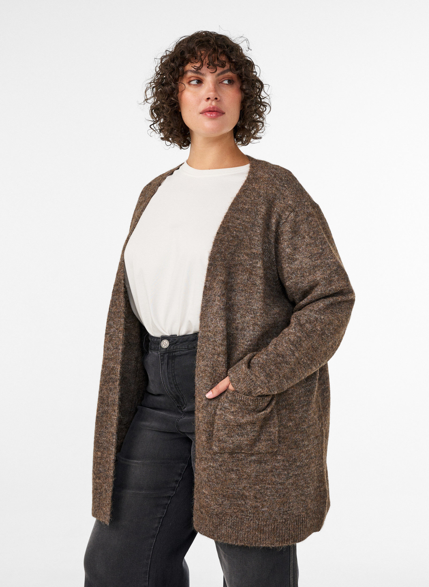 ZizziLange Strickjacke mit Taschen, Braun, Model image number 0