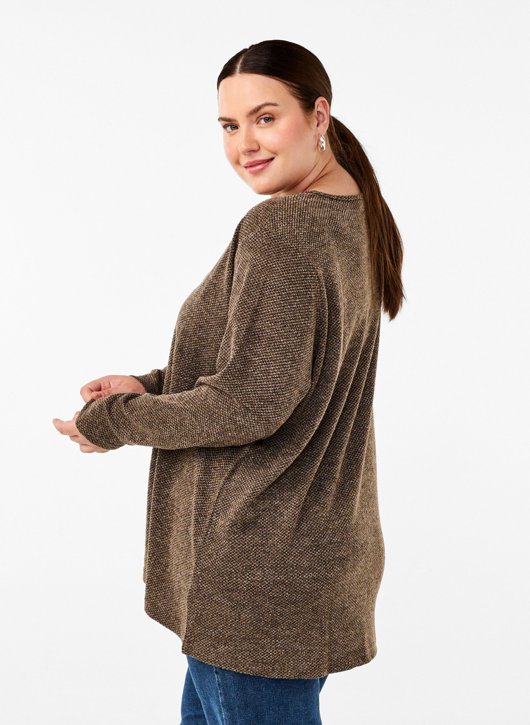 Zizzi Melange Bluse mit rund um den Neck und langen &Auml;rmel, Caribou, Model image number 1