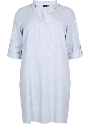 Gestreiftes Kleid aus Baumwolle und Leinen, Blue Stripe, Packshot image number 0