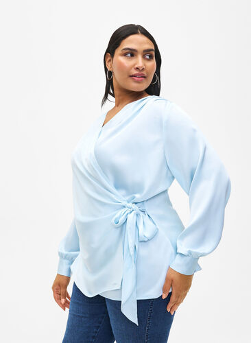  Partybluse aus Satin in Wickeloptik, Delicate Blue, Model image number 0