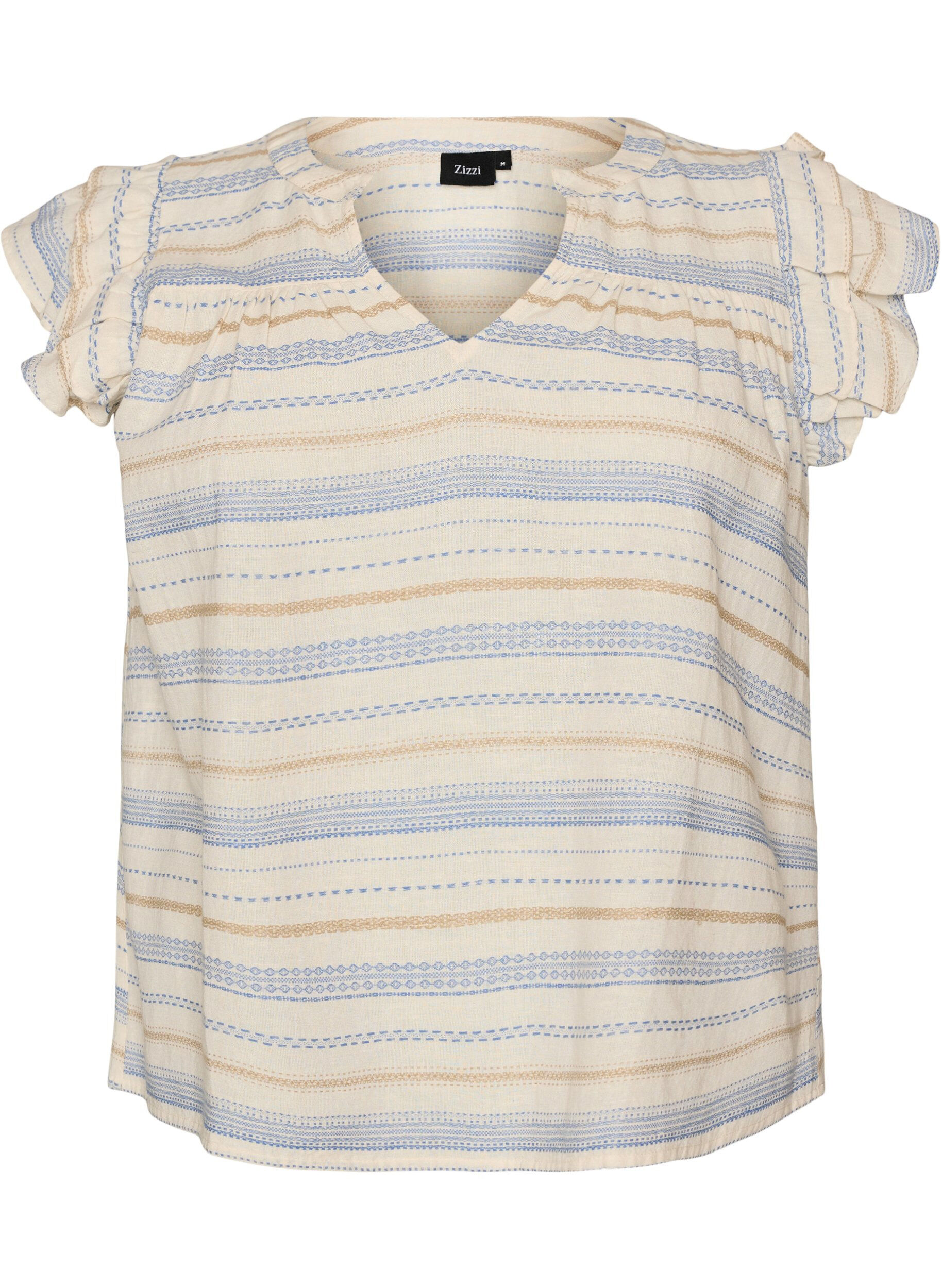 Zizzi&Auml;rmellose Bluse mit R&uuml;schen und gemusterten Streifen, Vanille, Packshot image number 0