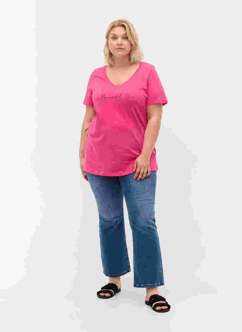 Kurzärmeliges Baumwoll-T-Shirt mit Aufdruck, Magenta Beautiful, Model image number 2