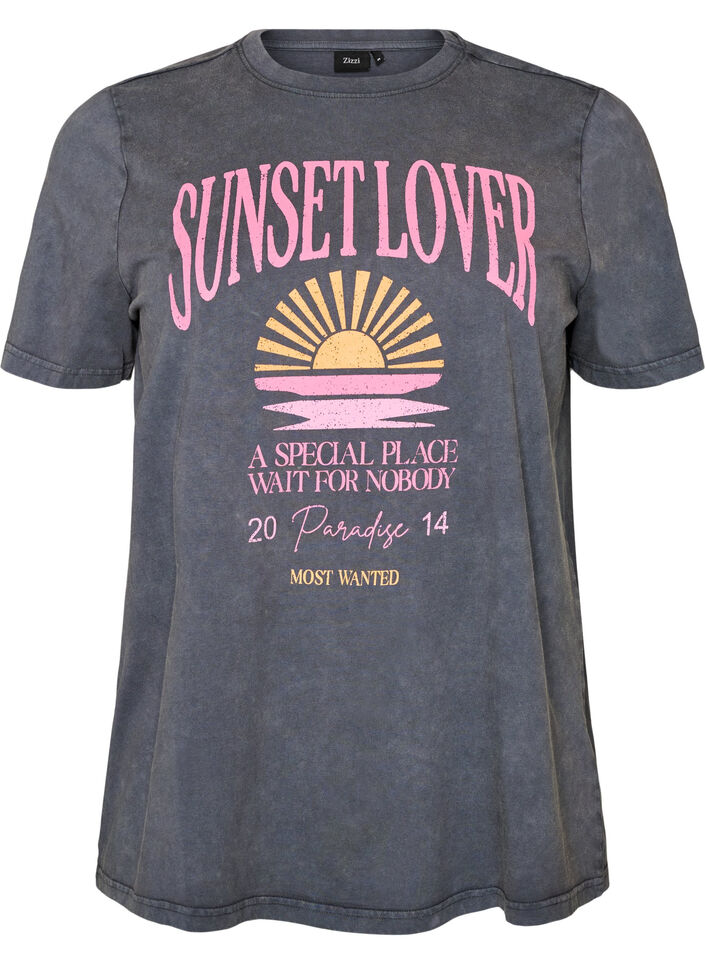 Baumwoll-T-Shirt mit Frontprint und gewaschener Optik, Grau, Packshot image number 0