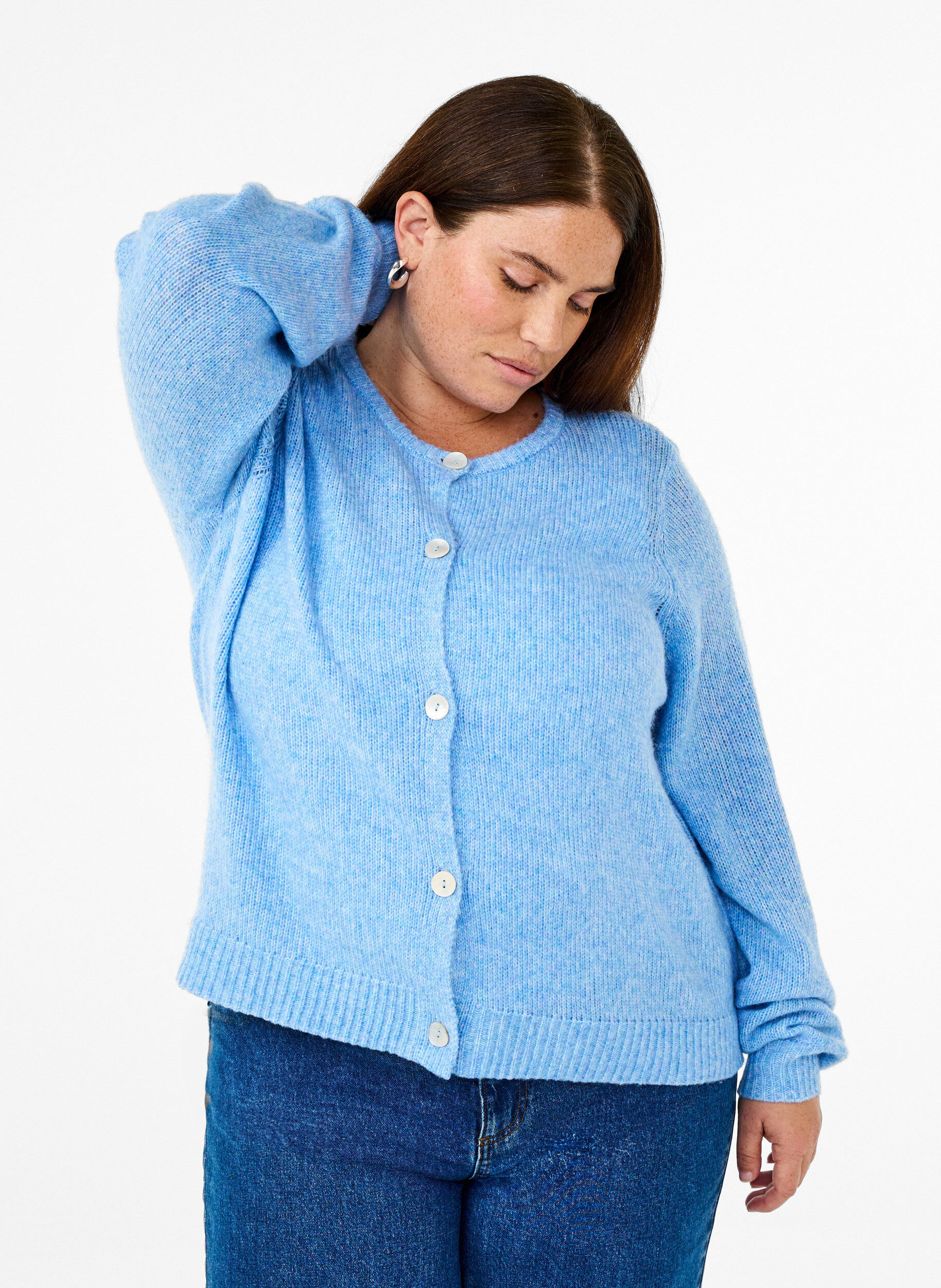 Zizzi Strickjacke mit Wolle und Kn&ouml;pfen, Della R. Blue Mel., Model image number 0