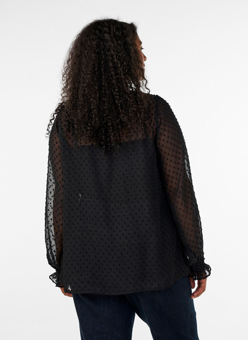 Hemdbluse mit Spitzeneinsatz und Punktemuster, Schwarz, Model image number 2