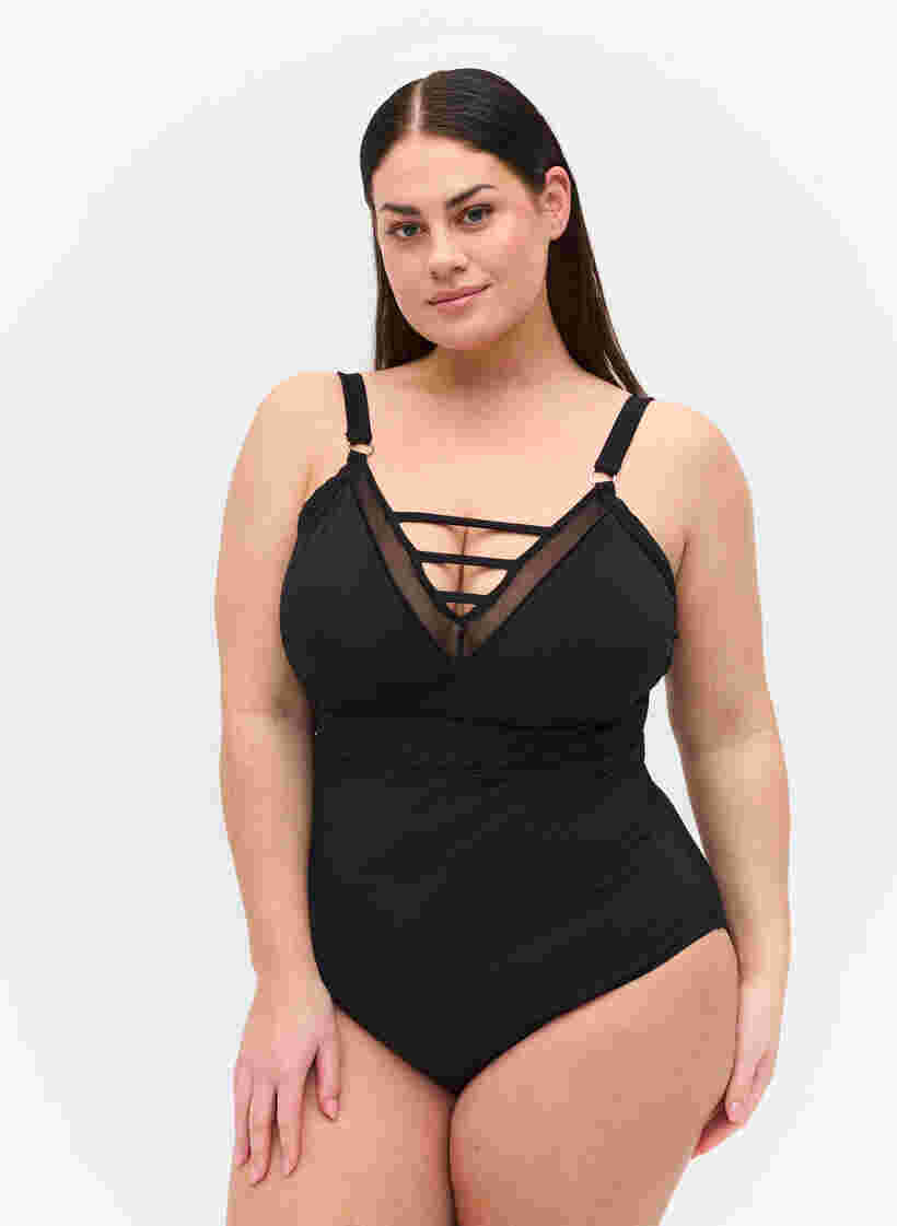 Badeanzug mit V-Ausschnitt und Mesh, Black, Model image number 0