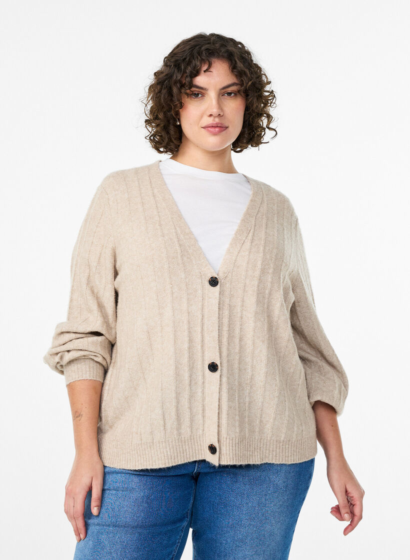 Strickjacke mit Rippstruktur und Ballonärmeln, Beige, Model image number 0