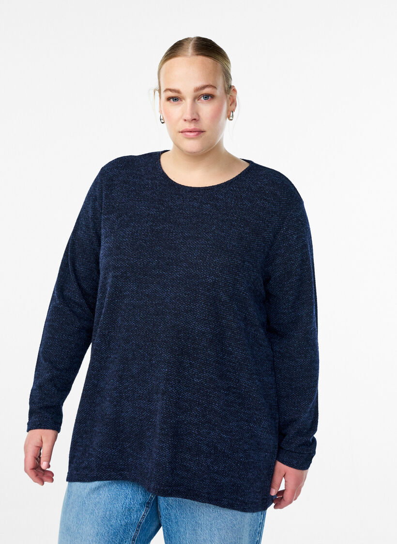 Lang&auml;rmelige Bluse mit Struktur, Blau, Model image number 0