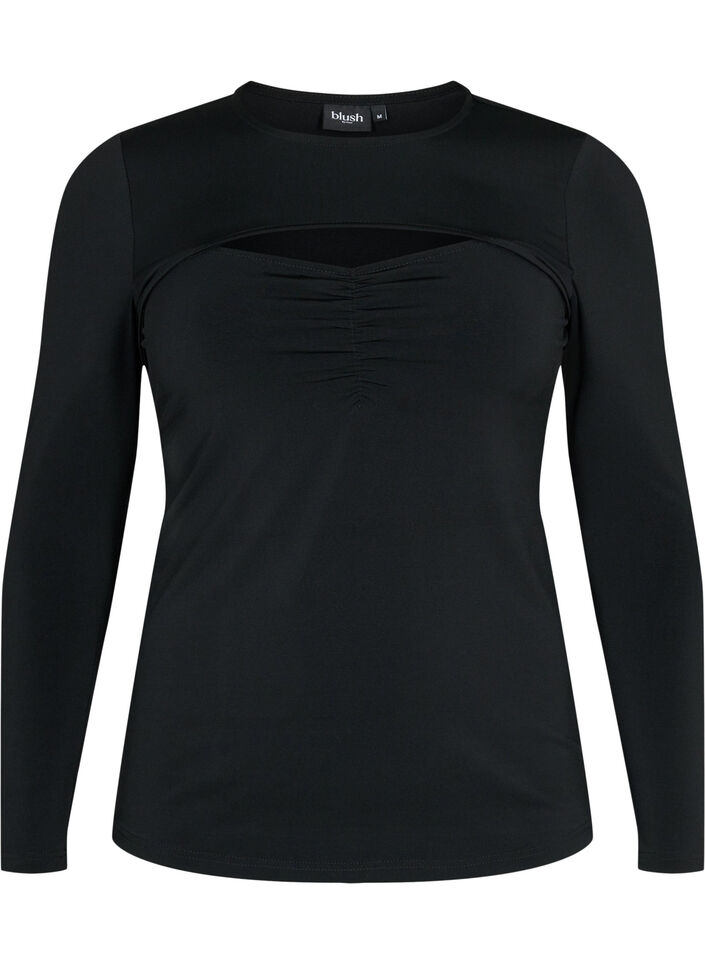 Ausschnittbluse mit langen Ärmeln, Black, Packshot image number 0