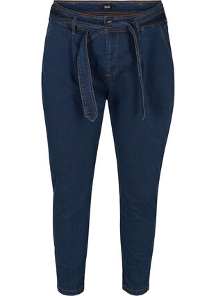 Cropped Jeans mit Gürtel, Blue denim, Packshot image number 0