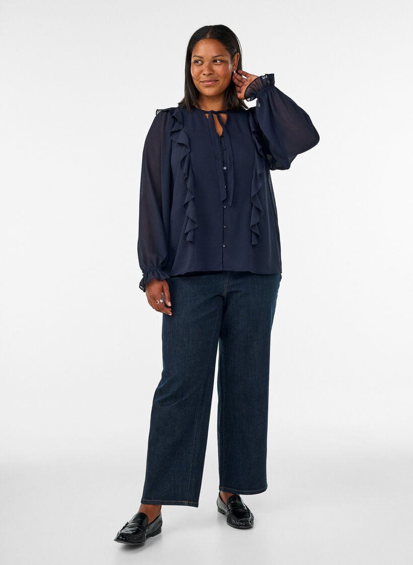 Transparente Bluse mit R&uuml;schen und Bindeband, Blau, Model image number 1