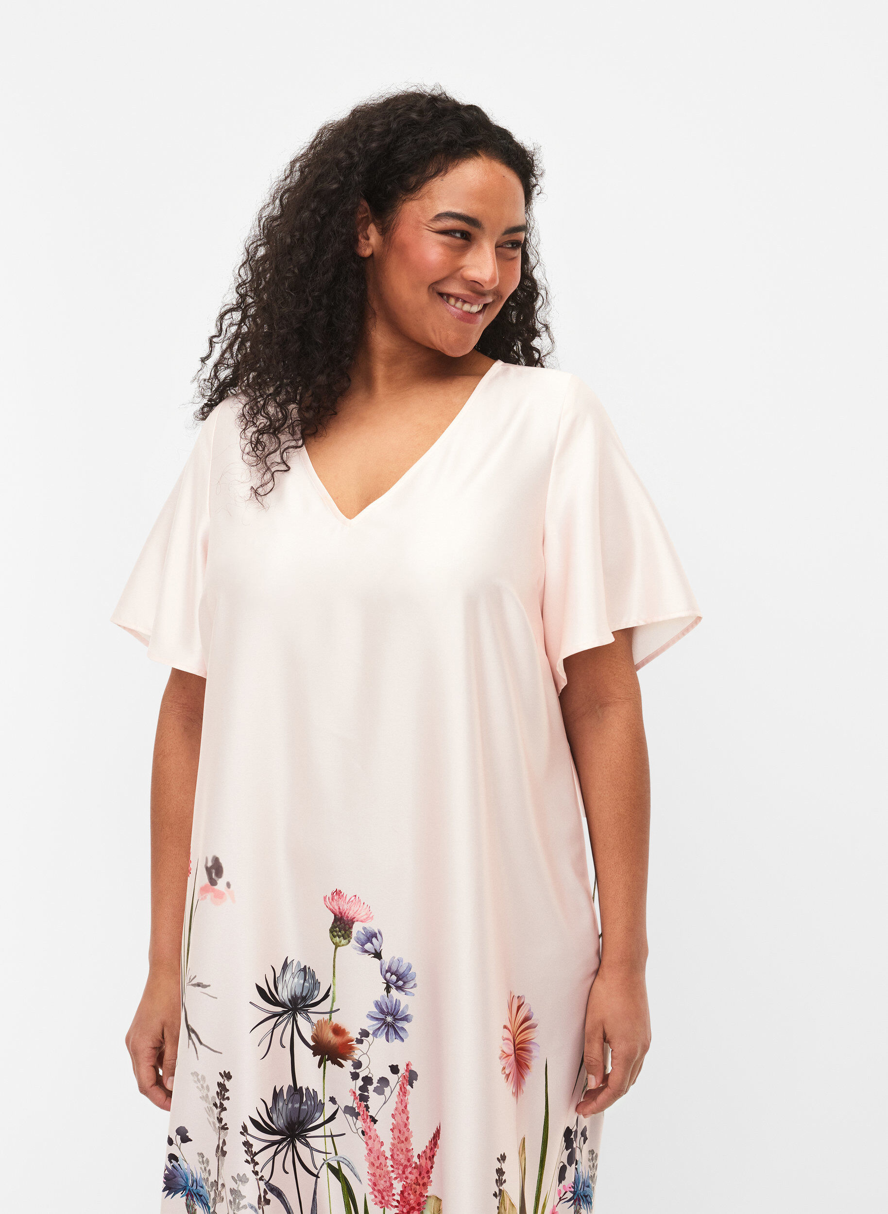 Zizzi Midikleid mit Blumenprint und kurzen &Auml;rmeln, White Sand, Model image number 2