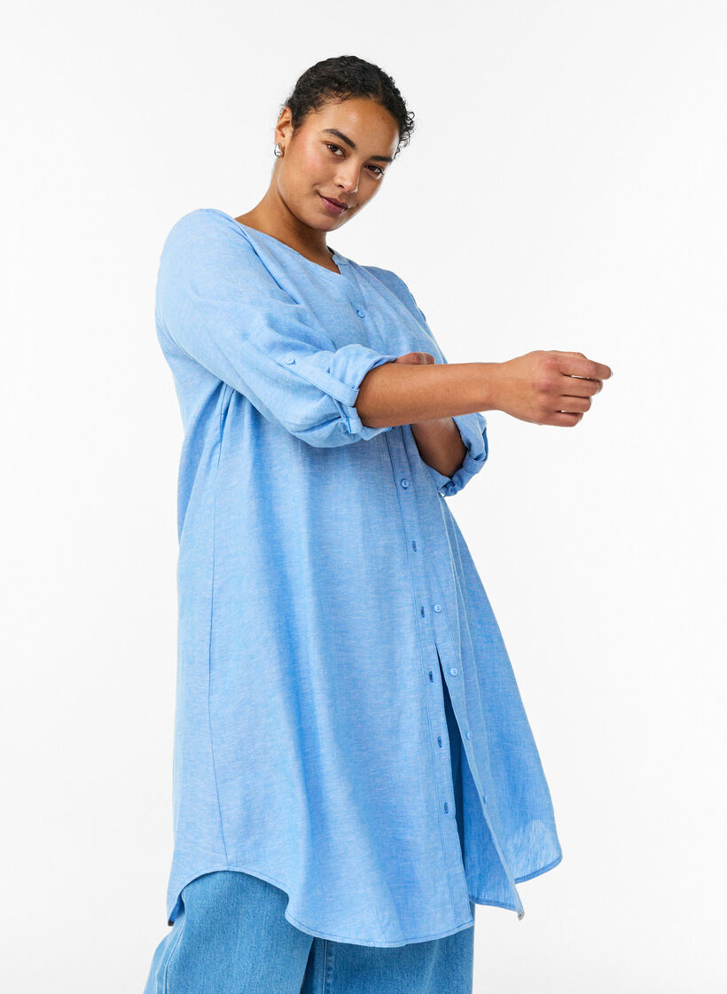 Lange Bluse aus Leinen und Viskose, Blau, Model image number 3