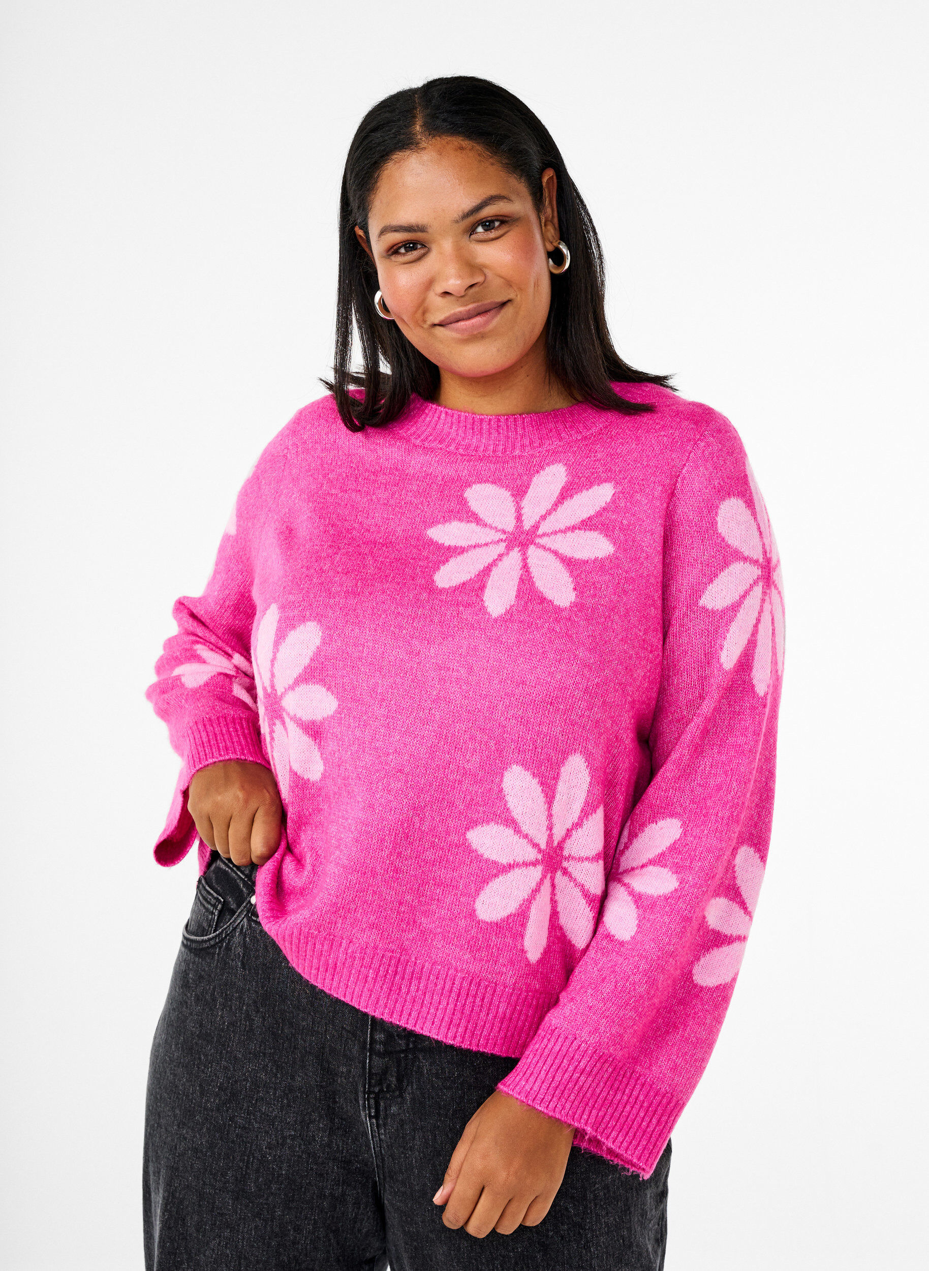 Zizzi Gebl&uuml;mte Bluse aus Strick, Raspberry Rose Comb, Model image number 0