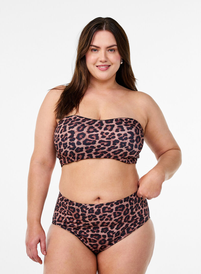 Hoch taillierte Bikinihose mit floralem Muster, Braun, Model image number 0