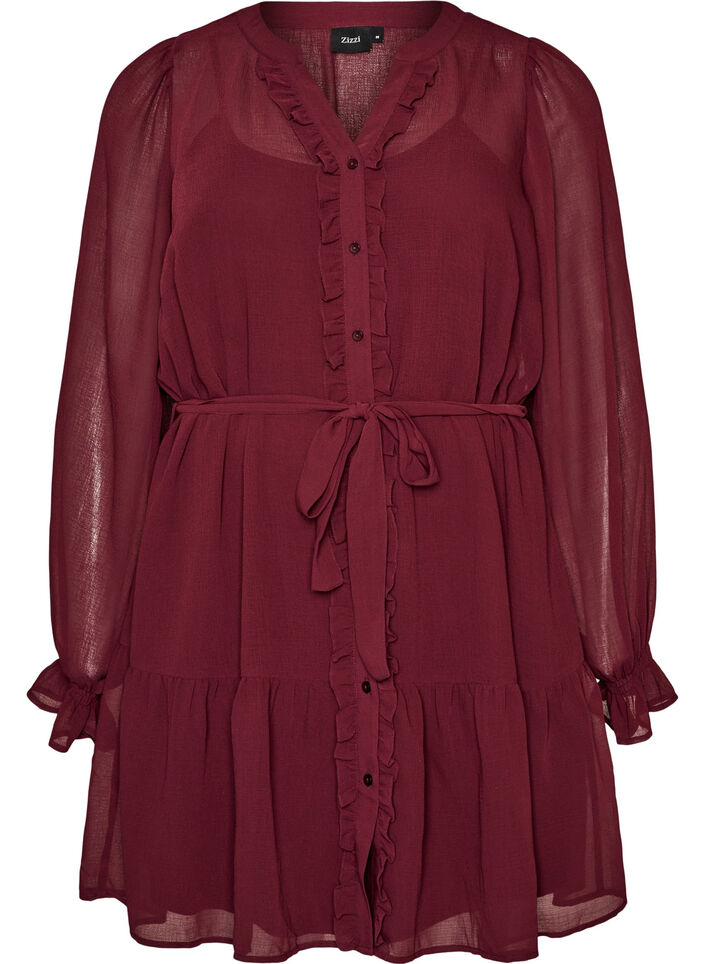 Kleid aus leichtem Webstoff mit R&uuml;schen und Bindeg&uuml;rtel, Rot, Packshot image number 0