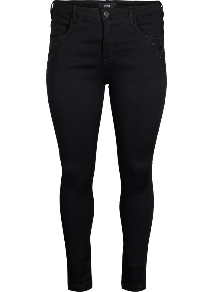 Super Slim Amy Jeans mit aufgestickten Details, Black, Packshot image number 0