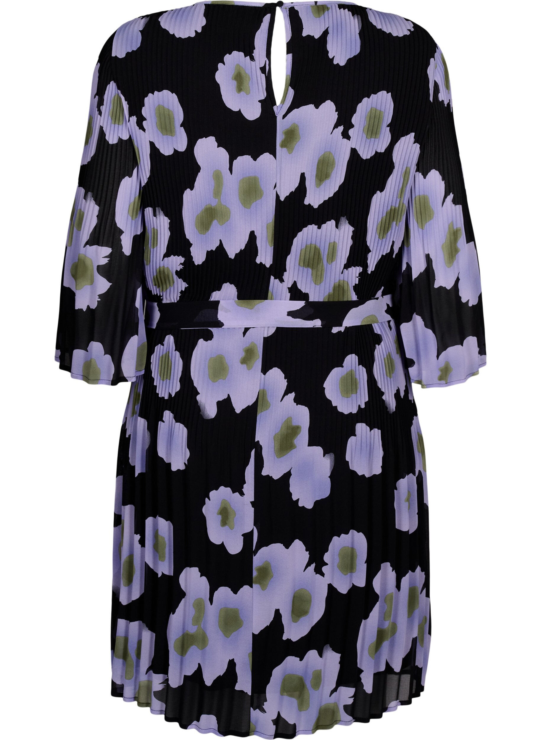 Zizzi Plisseekleid mit Bindeband und Print, Black w. Floral, Packshot image number 1