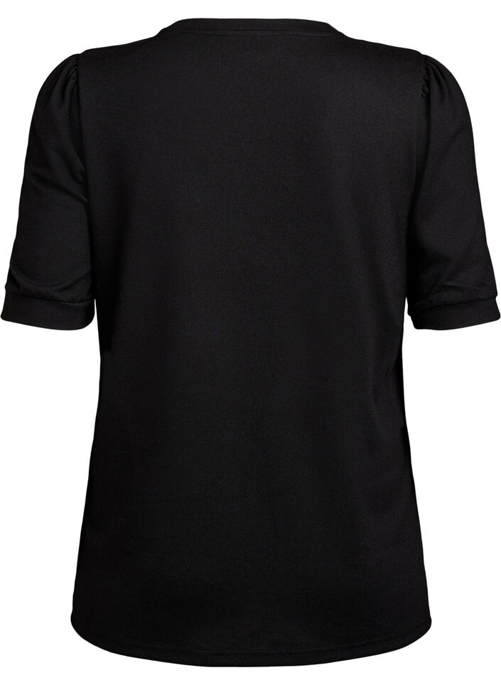 Bluse mit Knopfdetail und kurzen Puff&auml;rmeln, Schwarz, Packshot image number 1