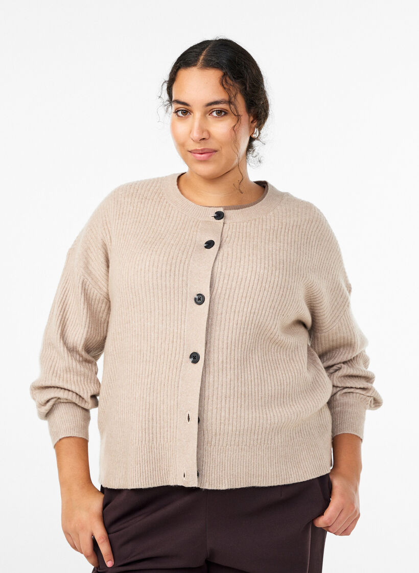 Rippenstrick Strickjacke mit Kn&ouml;pfen, Beige, Model image number 0