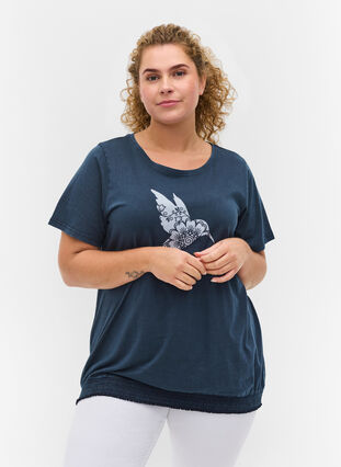 T-Shirt aus Bio-Baumwolle mit Smock - Blau - Gr. 42-60 - Zizzi