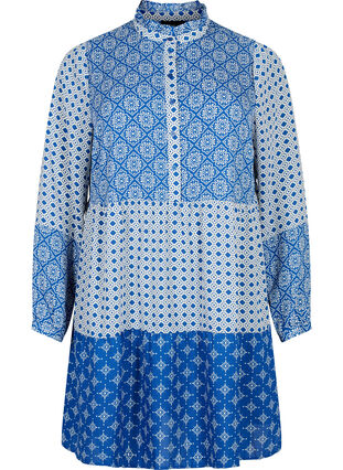 A-förmiges Kleid mit Mustern und Schnittlinien, Blue AOP, Packshot image number 0