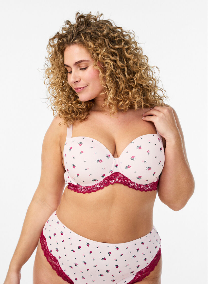 Vorgeformter BH mit Blumenmuster und Spitze, Rot, Model image number 0