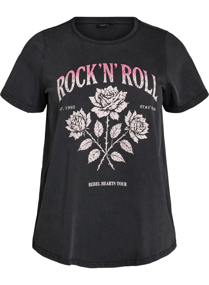 T-Shirt aus Bio-Baumwolle mit Rockprint, Schwarz, Packshot image number 0