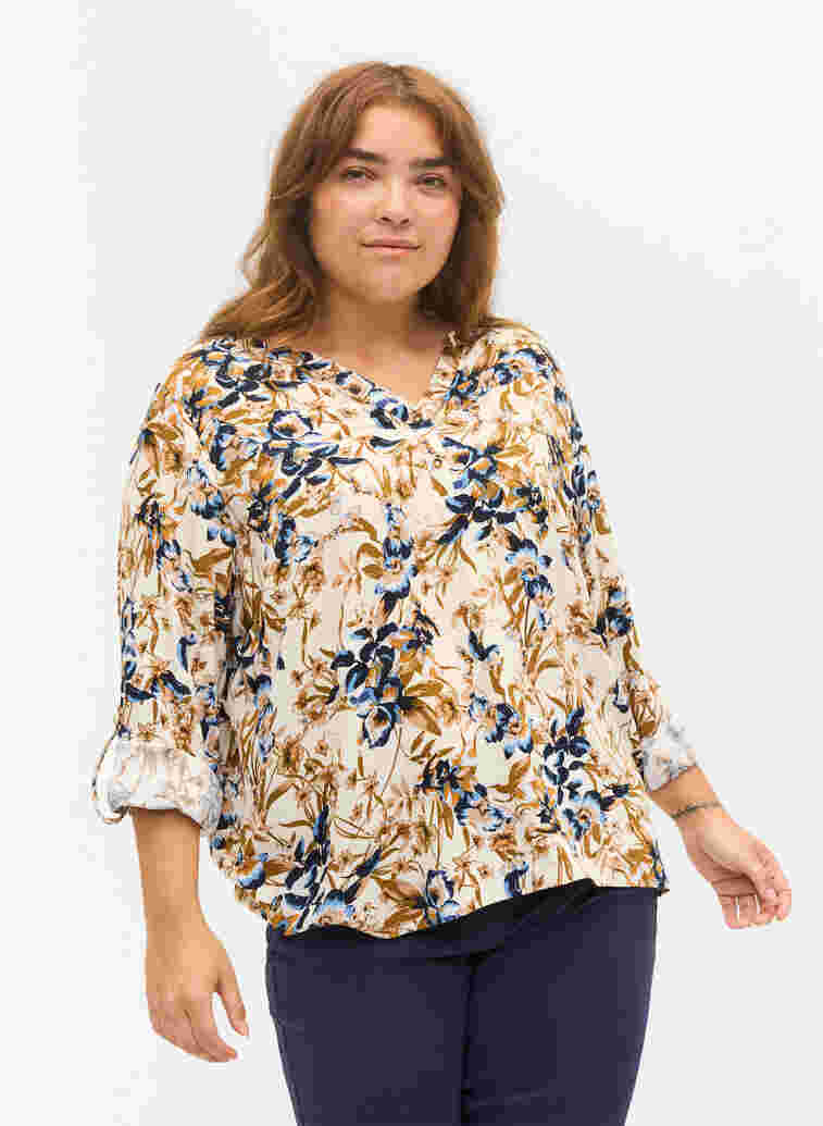 Bluse aus 100% Viskose mit Blumendruck, Ecru Flower, Model