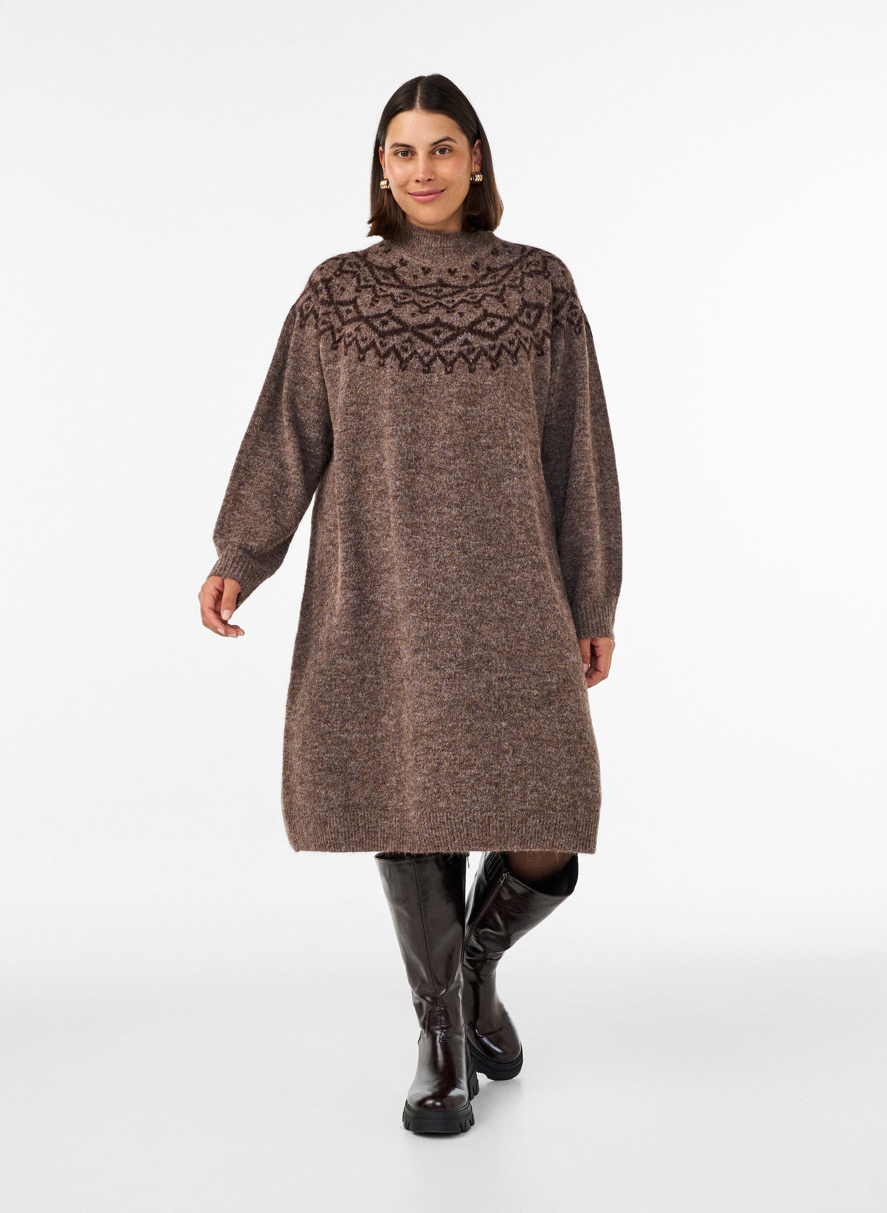 ZizziKleid aus Strick mit Jacquard-Muster, Braun, Model image number 1