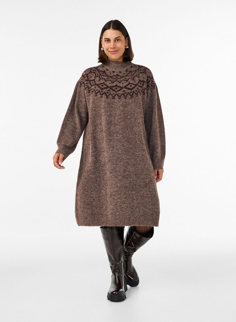 Kleid aus Strick mit Jacquard-Muster, Braun, Model image number 1