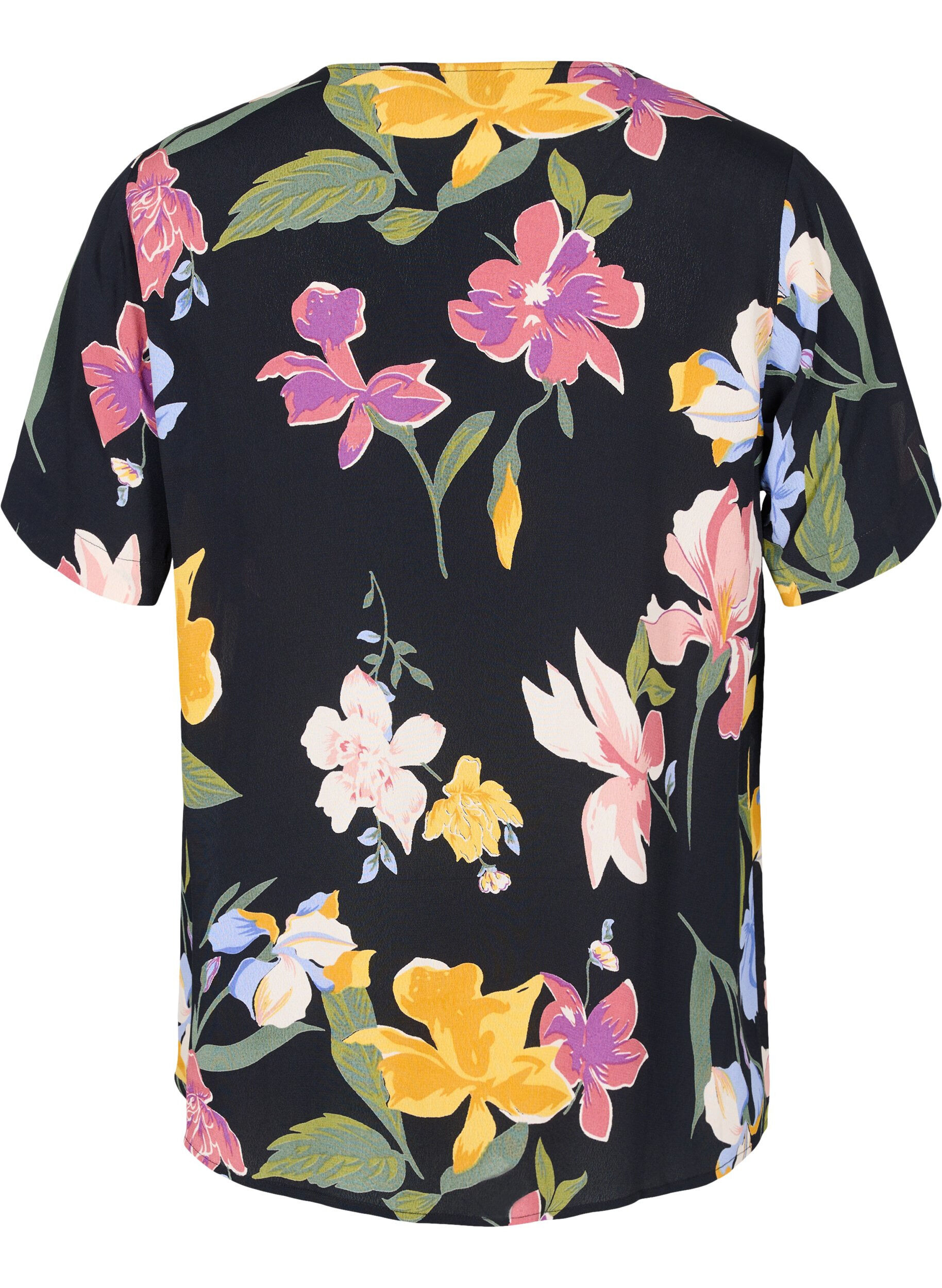 Zizzi Kurz&auml;rmelige Bluse aus gebl&uuml;mter Viskose, Big Flower AOP, Packshot image number 1