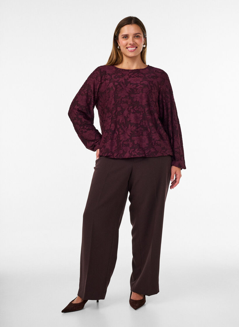 Transparente Bluse mit floraler Struktur und langen &Auml;rmeln, Rot, Model image number 1