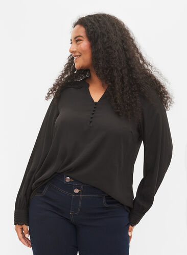 Langärmelige Bluse mit V-Ausschnitt , Black, Model image number 0