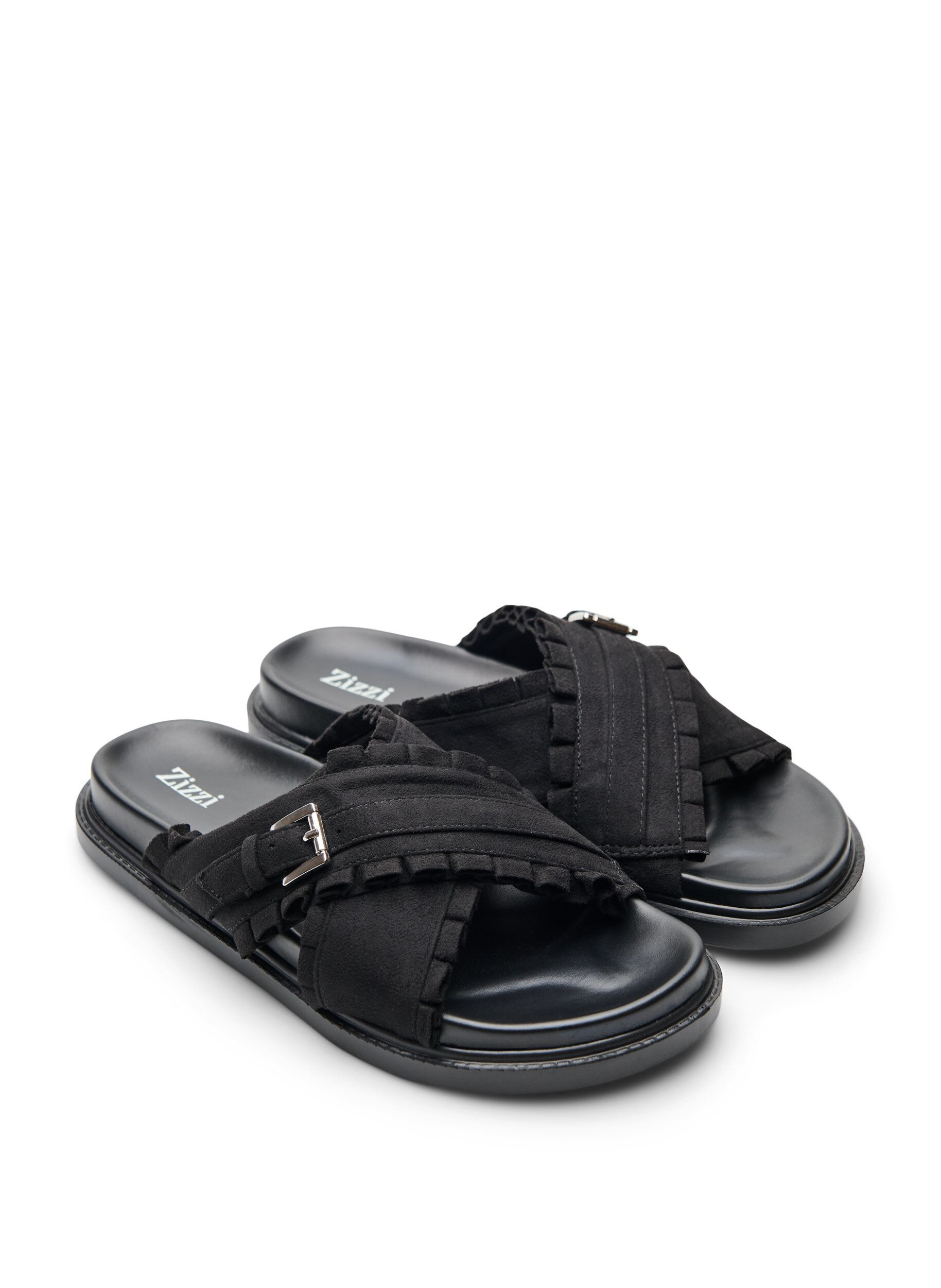 Zizzi Sandalen mit &uuml;berkreuzten Riemen und R&uuml;schenkanten, Schwarz, Packshot image number 1