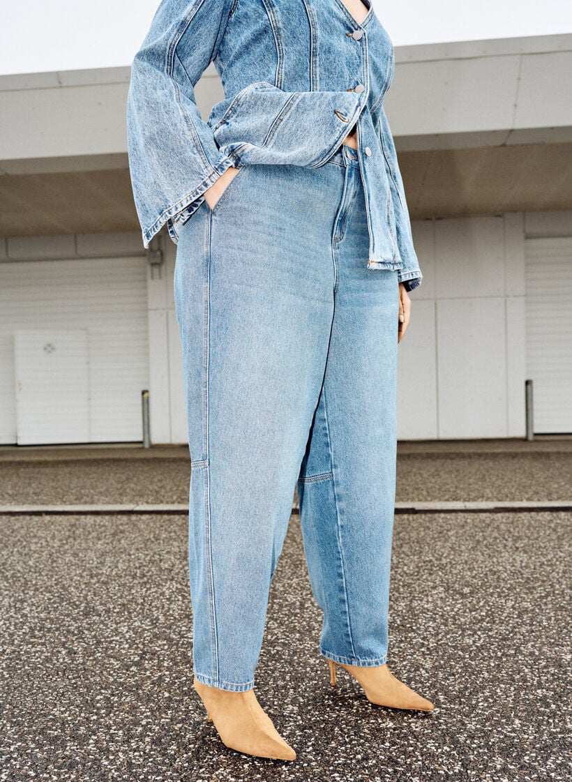 Hoch taillierte Barrel-Jeans, Blau, Image