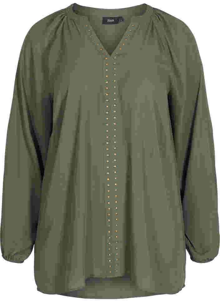 Langarm Bluse mit V-Ausschnitt und Nieten, Thyme, Packshot image number 0